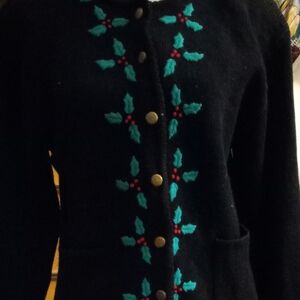 Not new,vintage black cardigan sweater green&red embroidery holly leaves size m